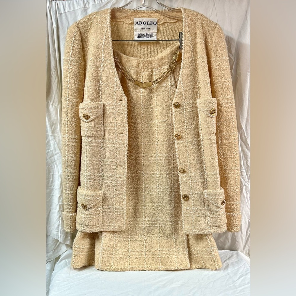 Vintage Adolfo Neiman Marcus Pearl Wool Knit Skirt Suit